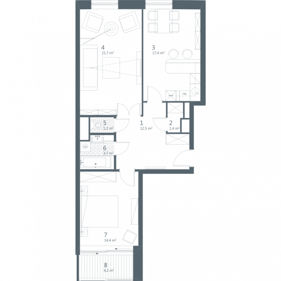 Двухкомнатная квартира 76.45 м²
